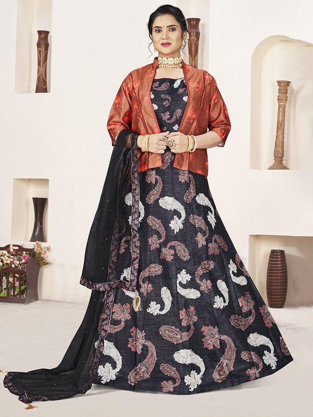 

Krimmple Women Ethnic Motifs Printed Maxi Ethnic Dresses With Dupatta, Black