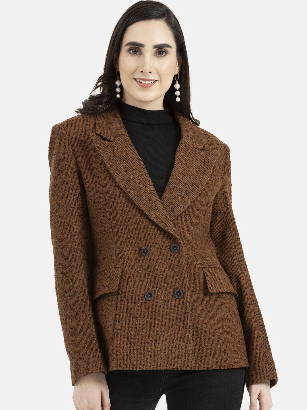 

Owncraft Women Self Design Double Breasted Regular Fit Wool Coat, Orange