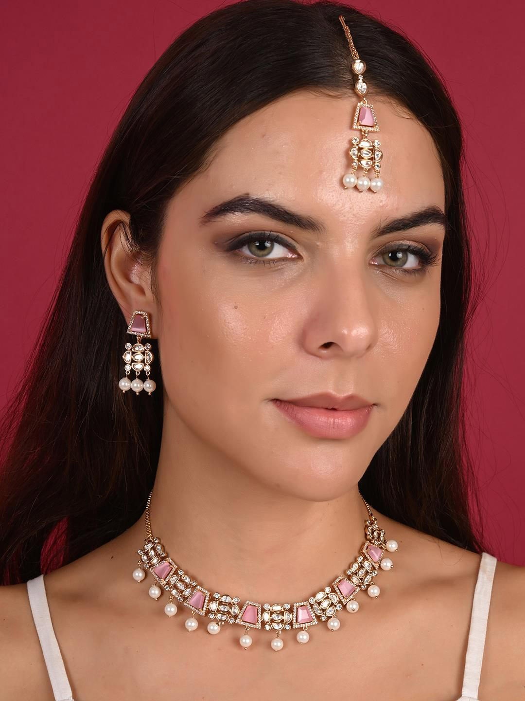 

RATNAVALI JEWELS Gold-Plated Kundan-Studded Jewellery Set, Pink