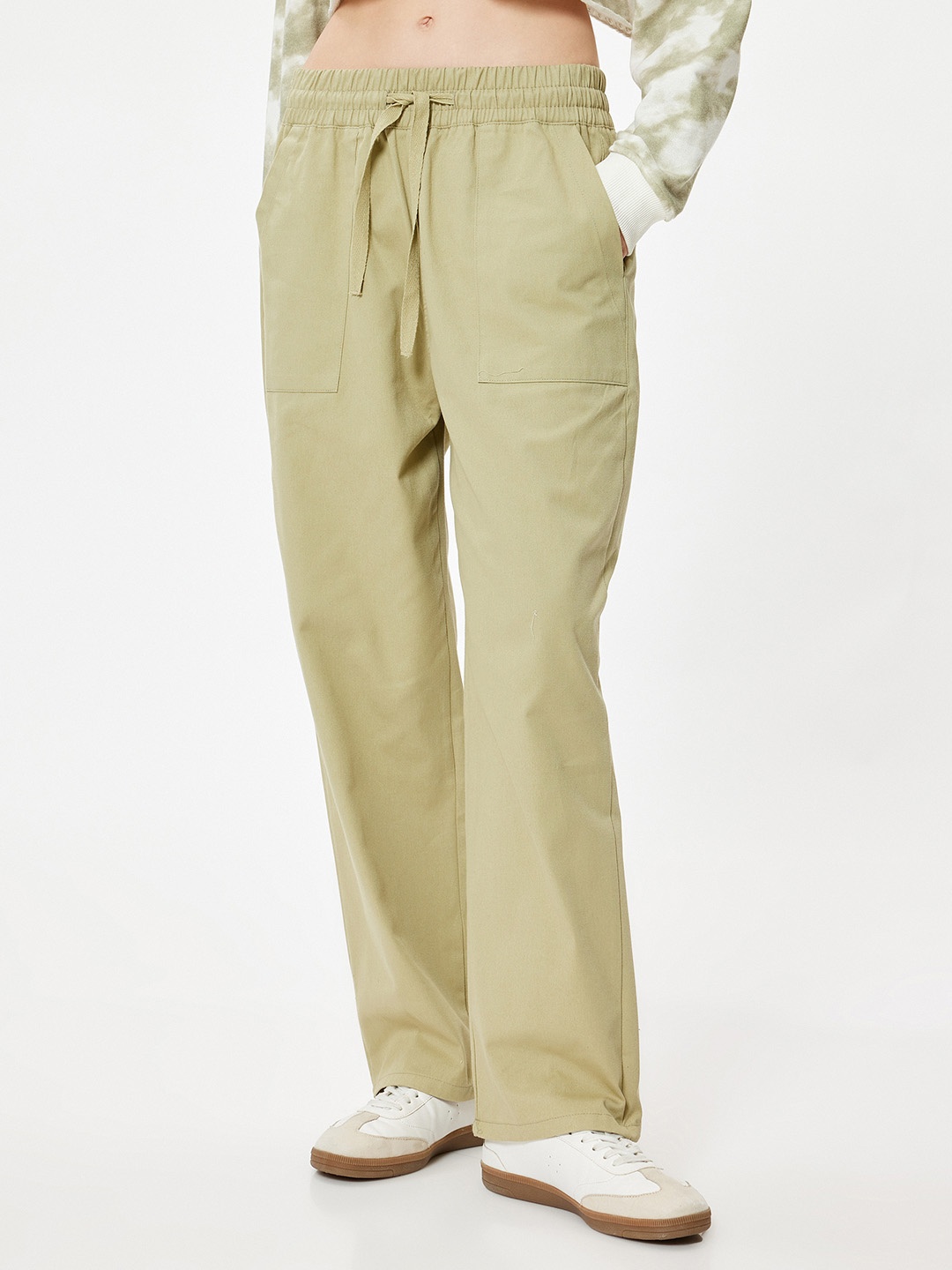 

Koton Women Solid Mid-Rise Cotton Parallel Trousers, Khaki