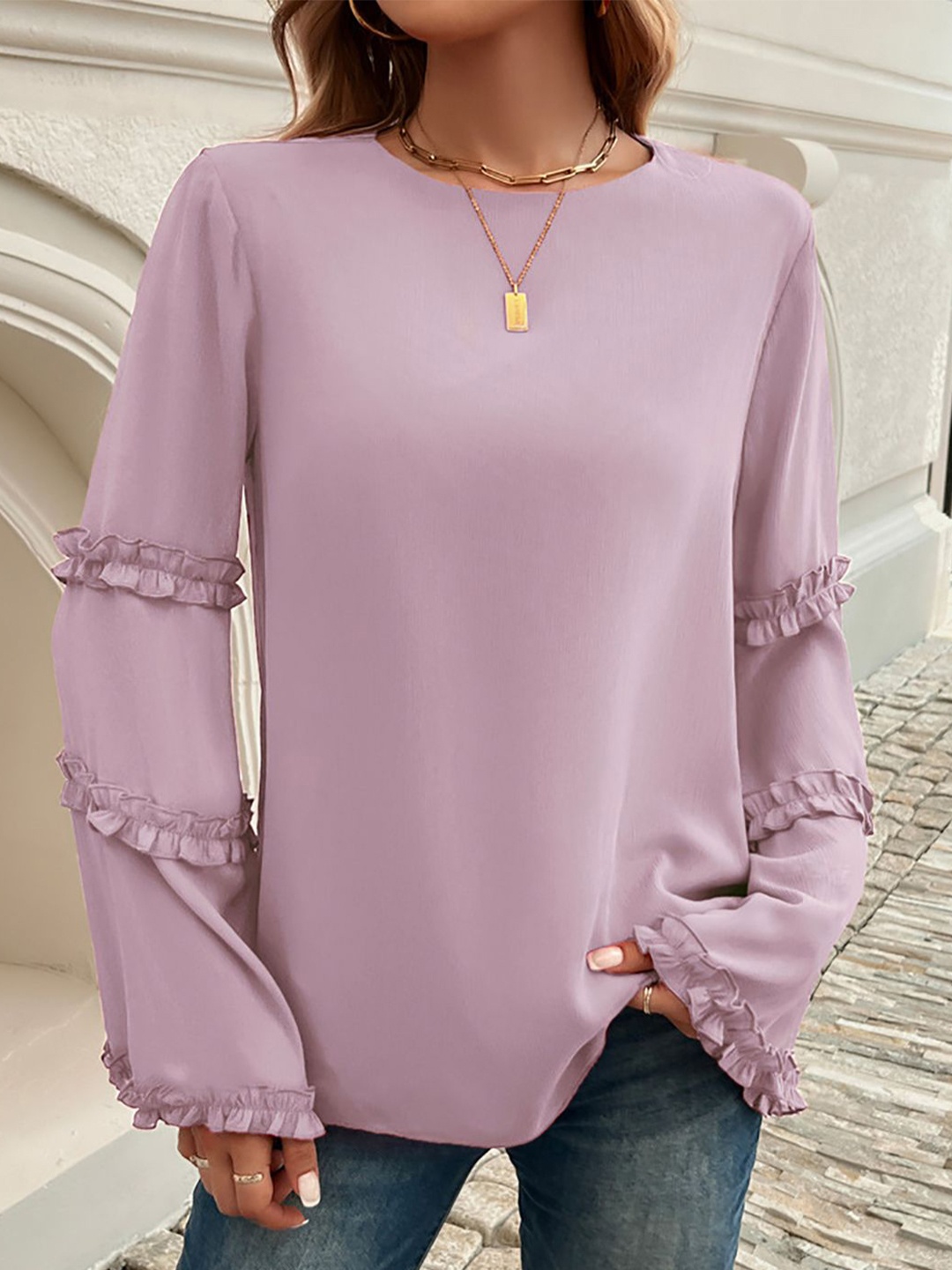 

StyleCast x Revolte Women Solid Round Neck Top, Lavender
