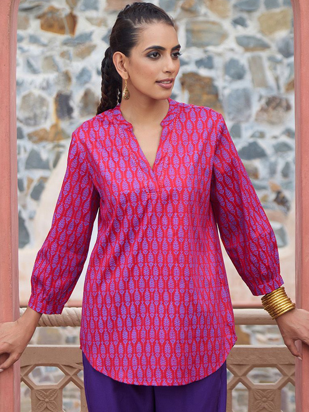 

House of Chikankari Printed Short Kurta, Maroon