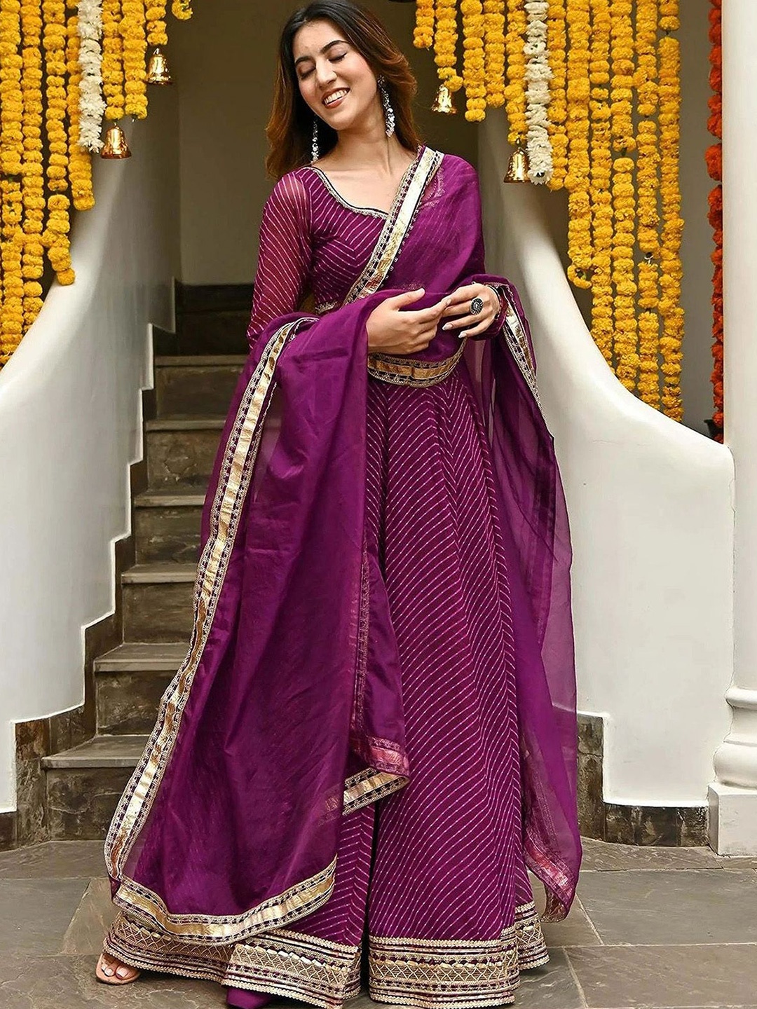 

ODETTE Printed Sequinned Semi-Stitched Lehenga & Unstitched Blouse With Dupatta, Purple