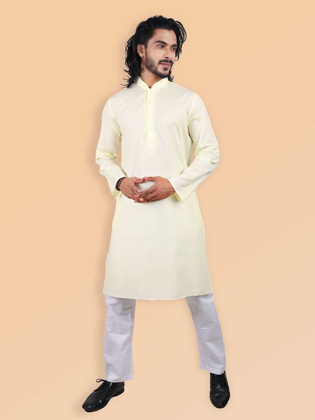 

ETHNIC FACTORY Men Embroidered Thread Work Kurta, Yellow