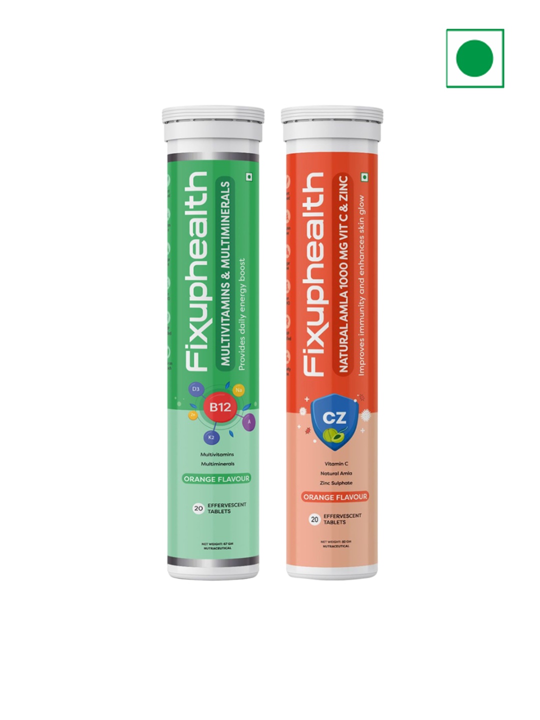 

Fixuphealth 2Pc Multivitamins Multimineral Effervescent & Immunity & Amla 1000mg - 20 Tabs, Green