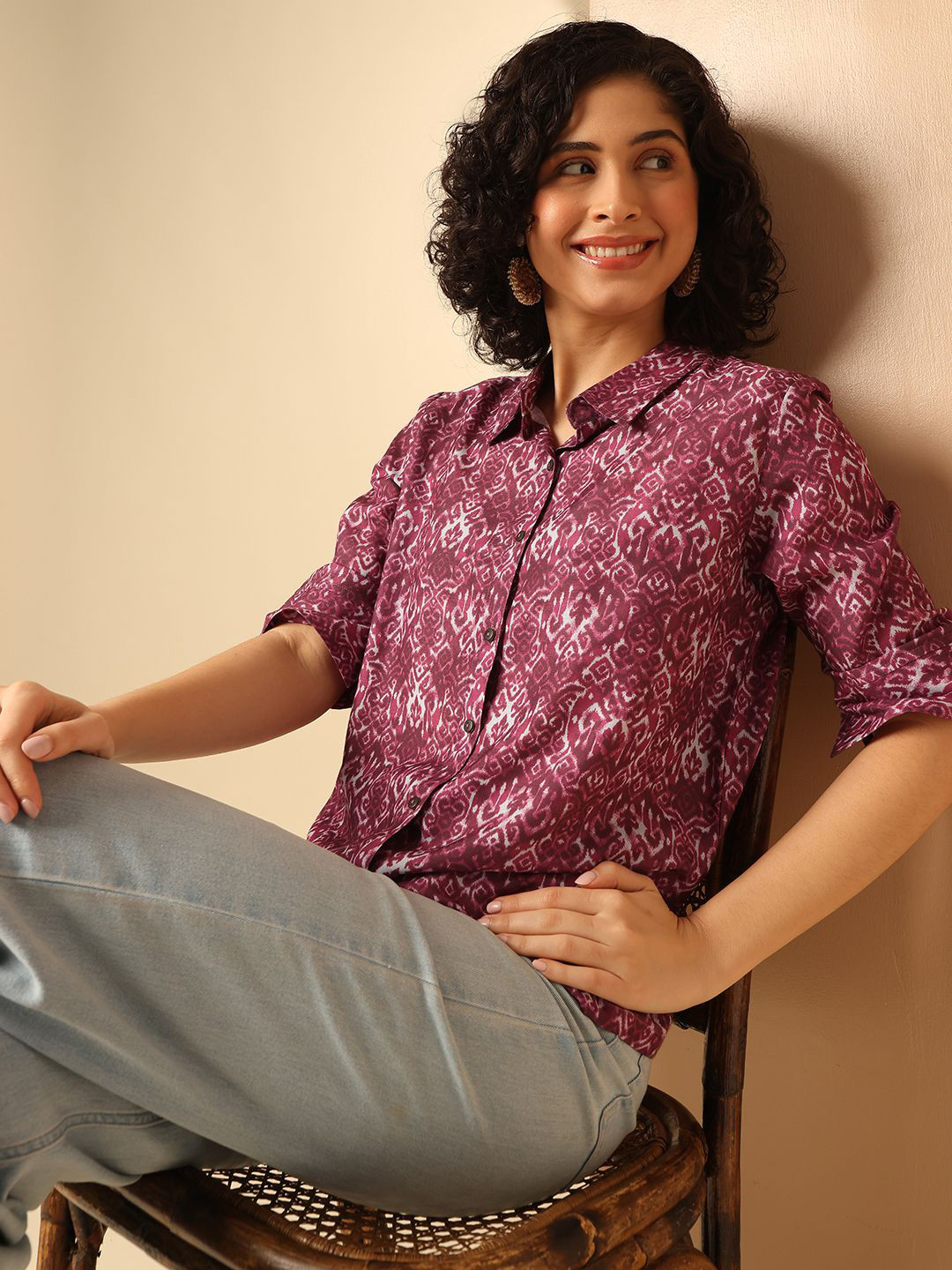 

Anouk Rustic Women Abstract Printed Shirt Collar Top, Magenta