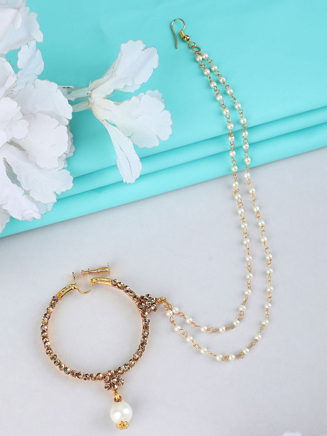 

ANIKAS CREATION Gold-Plated Cubic Zirconia Chained Nosepin