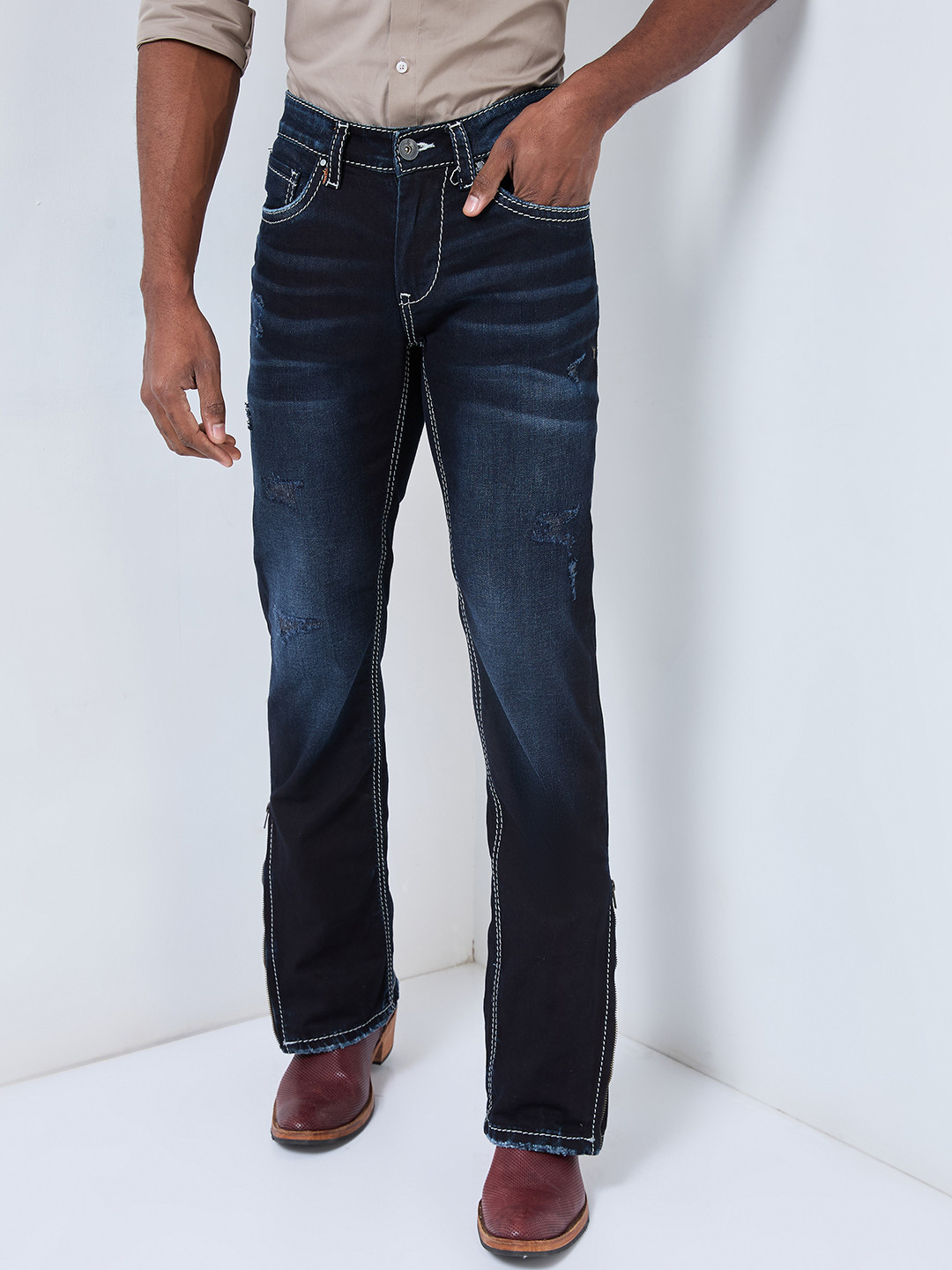 

mode de base Men Dual-Fit Convertible Bootcut to Slim Fit Jeans, Blue