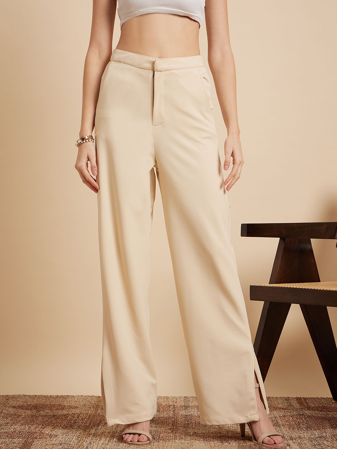 

MINT STREET Women Solid Tailored Straight Fit Trousers, Beige