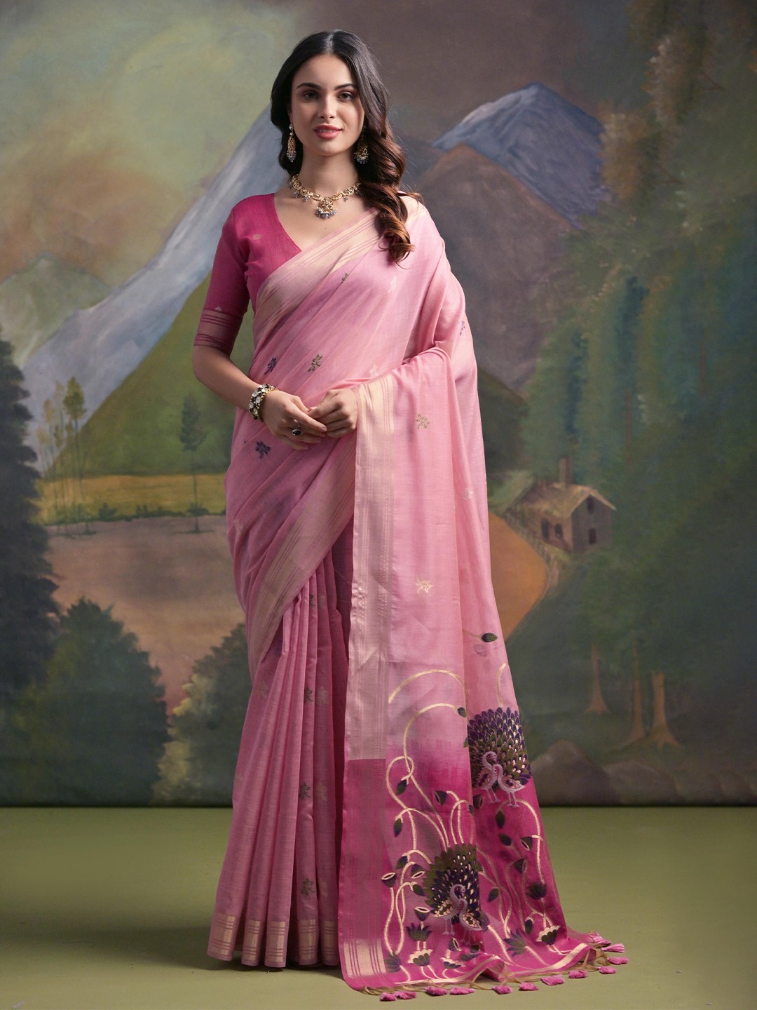 

Kandora Woven Design Zari Pure Cotton Saree, Pink