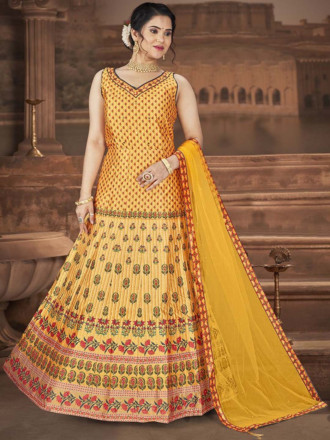 

Krimmple Printed Fit & Flared Maxi Ethnic Dress With Dupatta, Yellow