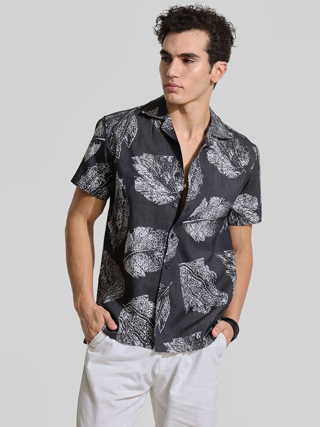 

Snitch Men Smart Cuban Collar Floral Printed Casual Shirt, Black