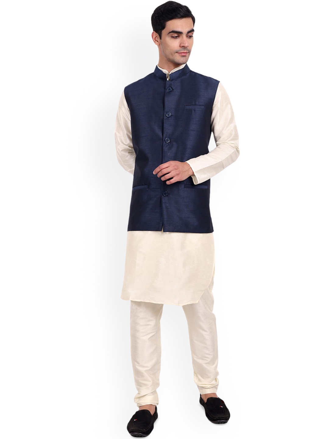 

Enciger Men Regular Dupion Silk Kurta Pajama with Churidar & with Nehru Jacket, Blue