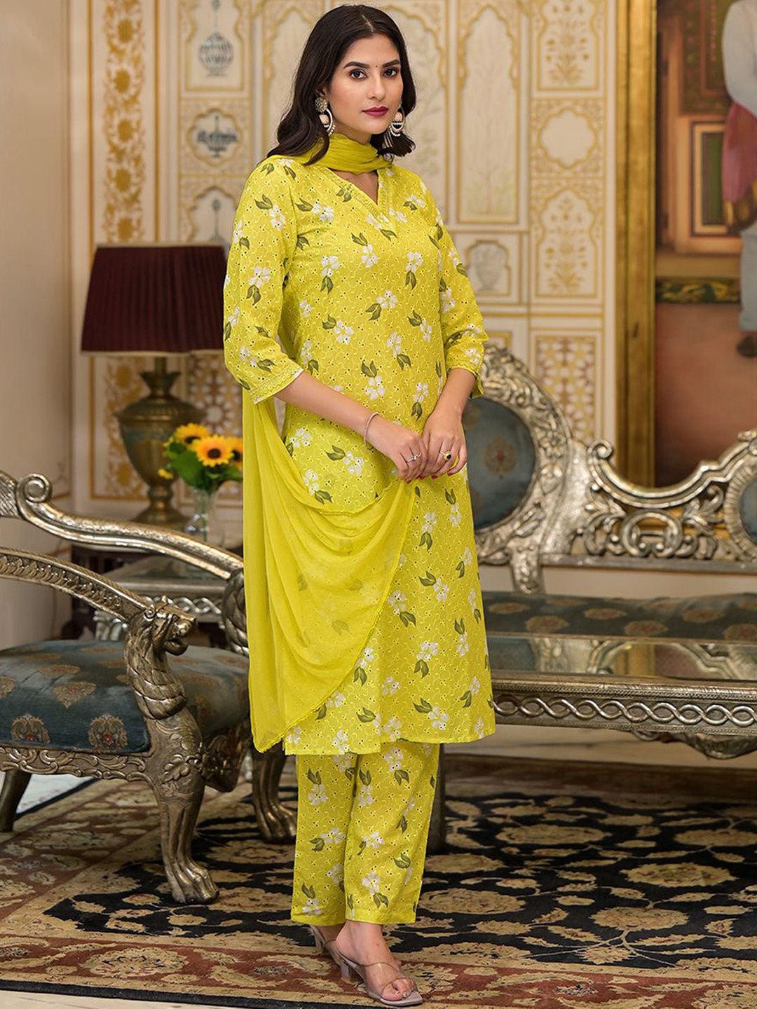 

AKS Women Floral Printed Regular Pure Cotton Kurta with Palazzos & With Dupatta, Lime green