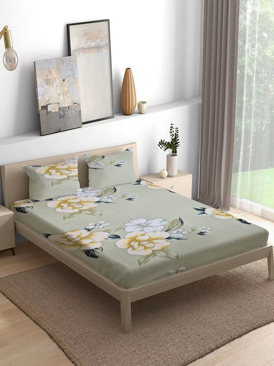 

THE little BIG STORE Green Floral Printed Cotton 300 TC Queen Bedsheet Set 1.98m x 1.82m