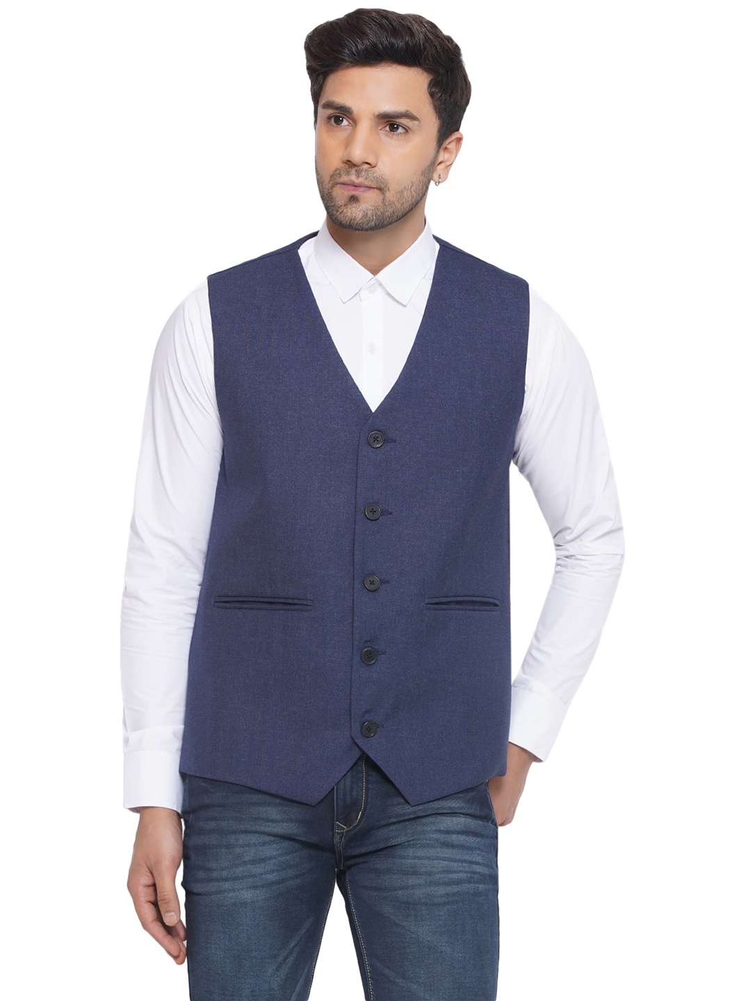 

VEERA PARIDHAAN V Neck Sleeveless Waistcoat, Blue