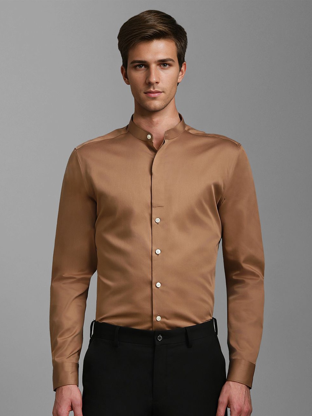 

Louis Philippe Men Band Collar Solid Cotton Slim Fit Formal Shirt, Brown