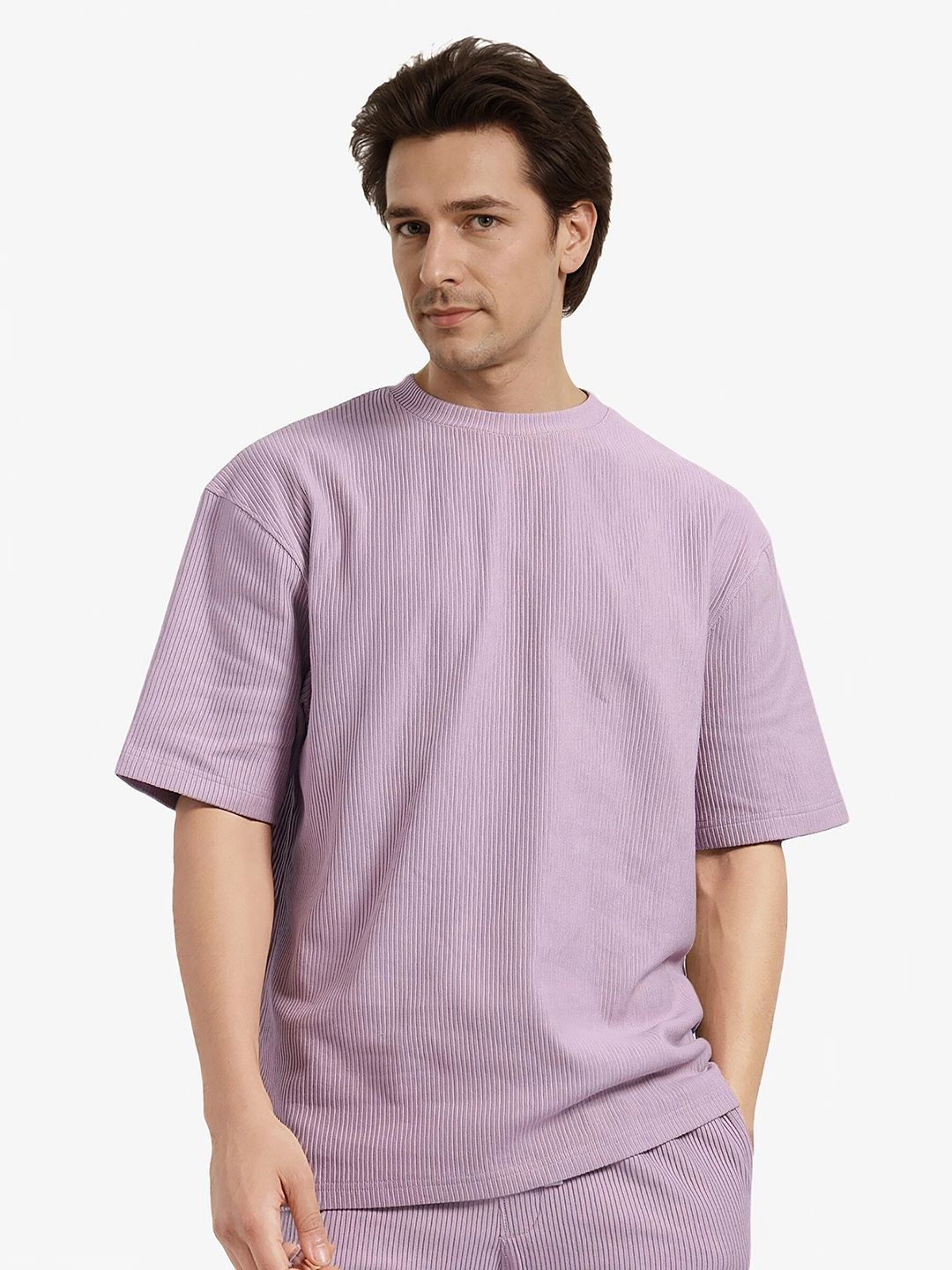 

RARE RABBIT Men Self Design Round Neck Cotton Oversized T-shirt, Purple