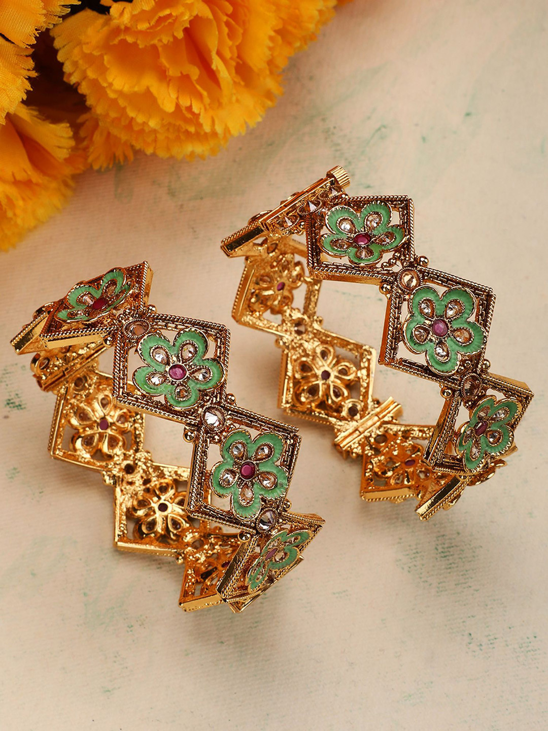 

ANIKAS CREATION Set Of 2 Stone-Studded 24kT Gold-Plated Enamelled Bangles