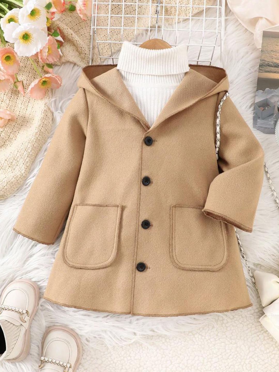 

INCLUD Girls Longline Open Front Hooded Jacket, Beige