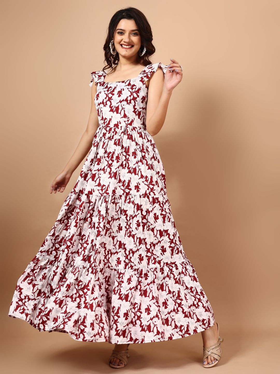 

Ethnic Yard Floral Print Crepe Women A-Line Maxi Dress, Red