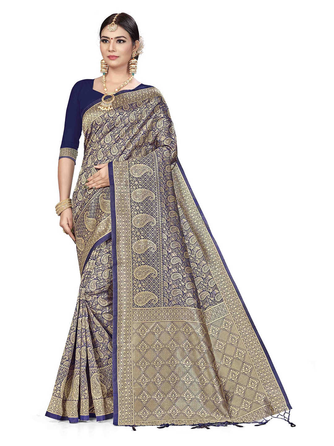 

Maroosh Paisley Woven Zari Banarasi Saree, Navy blue