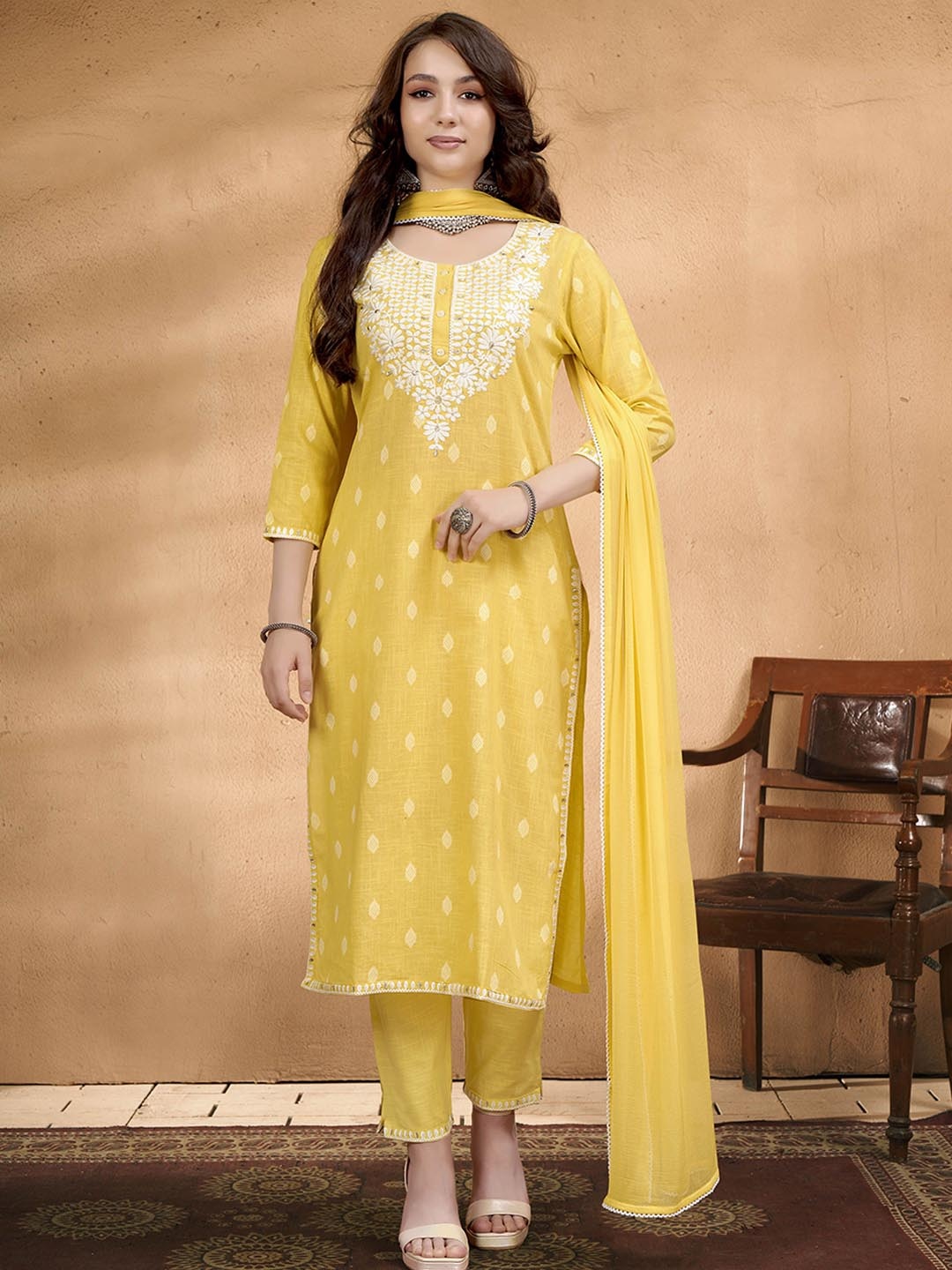 

Anouk Yellow Floral Embroidered Thread Work Pure Cotton Kurta with Trouser & Dupatta