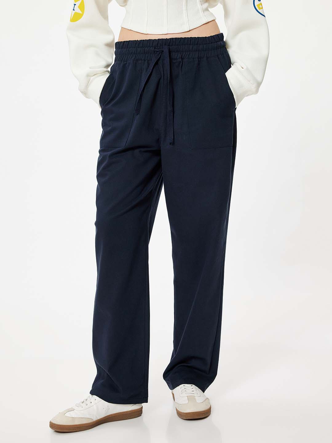 

Koton Women Solid Cotton Mid-Rise Trousers, Navy blue