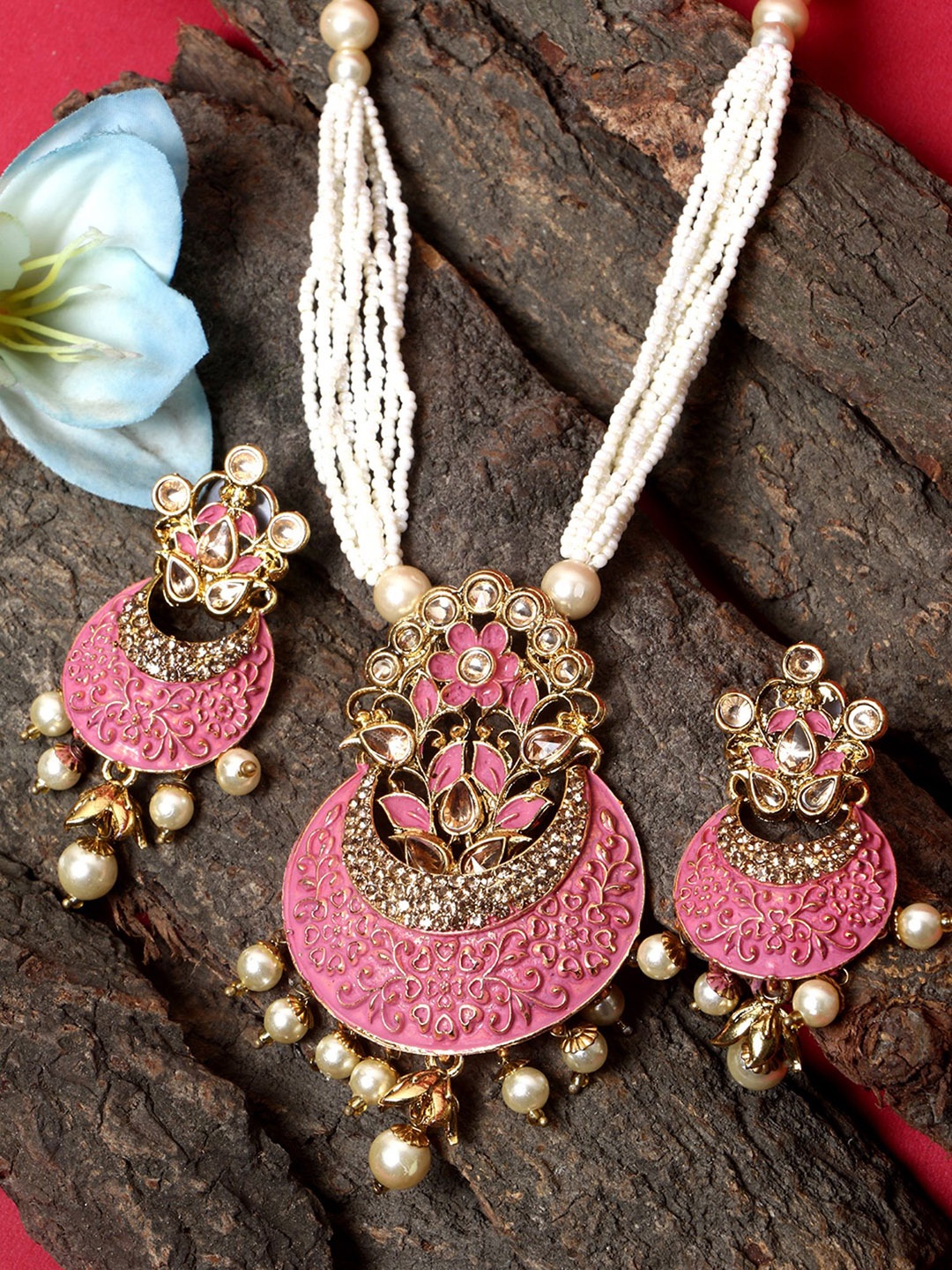 

ANIKAS CREATION Gold-Plated Stone-Studded & Beaded Meenakari Jewellery Set