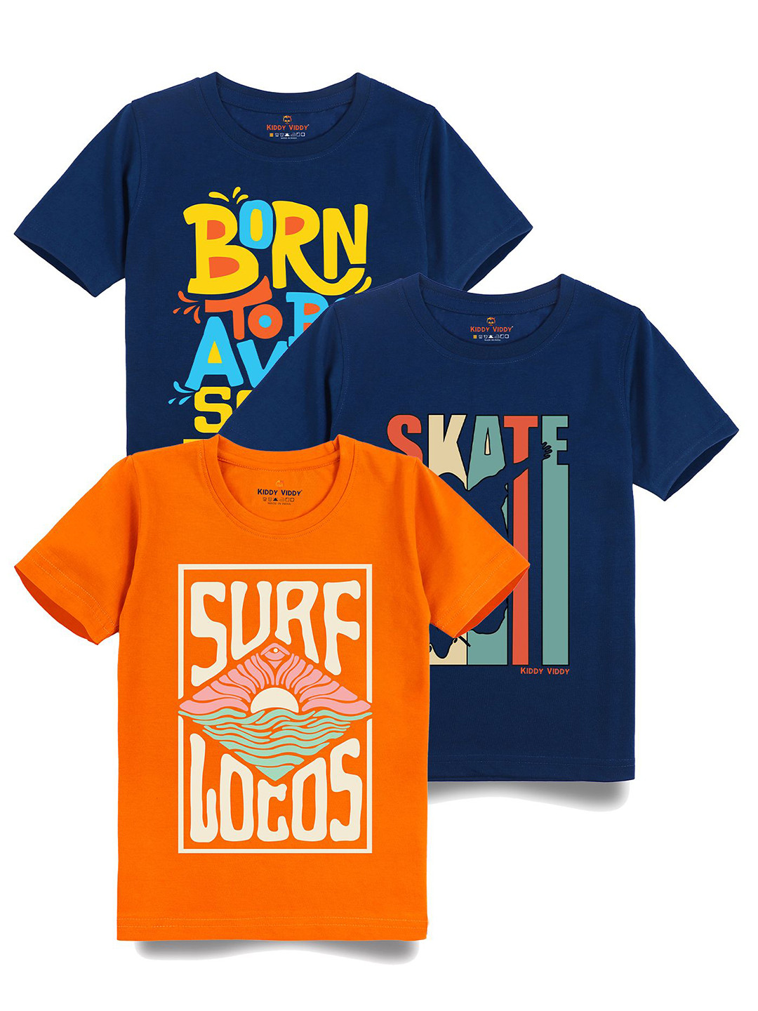 

AUSK Boys Pack Of 3 Graphic Printed Round Neck Cotton T-shirts, Navy blue