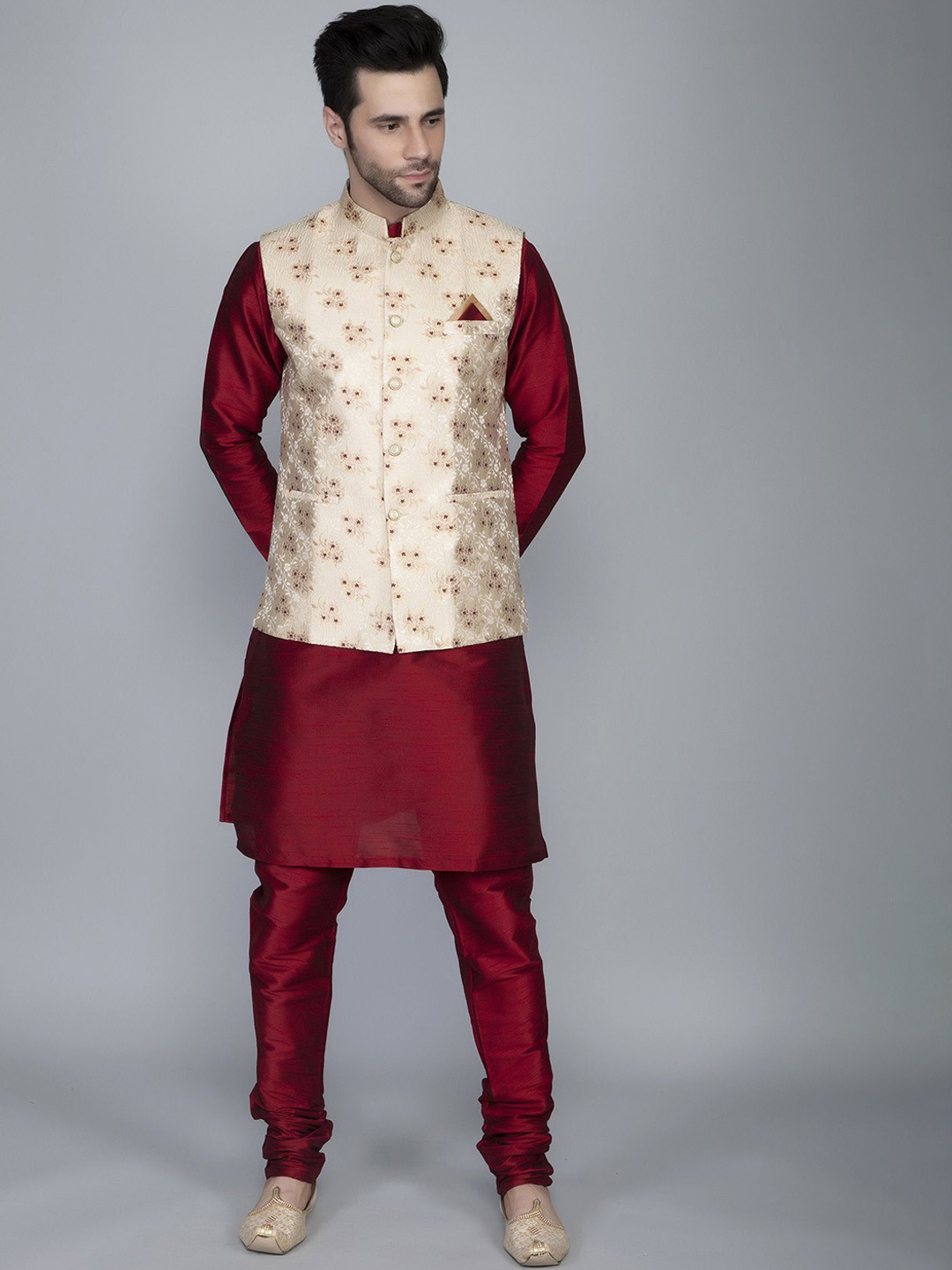 

Ethluxis Men Regular Dupion Silk Kurta with Churidar, Maroon