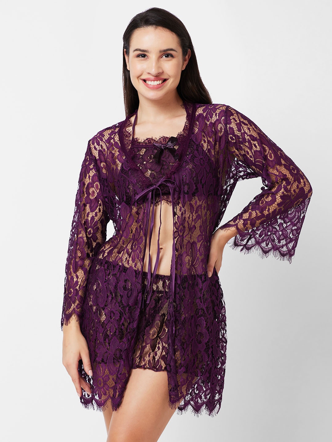 

FashionRack Women Self Design Net Halter Neck Baby Doll, Purple