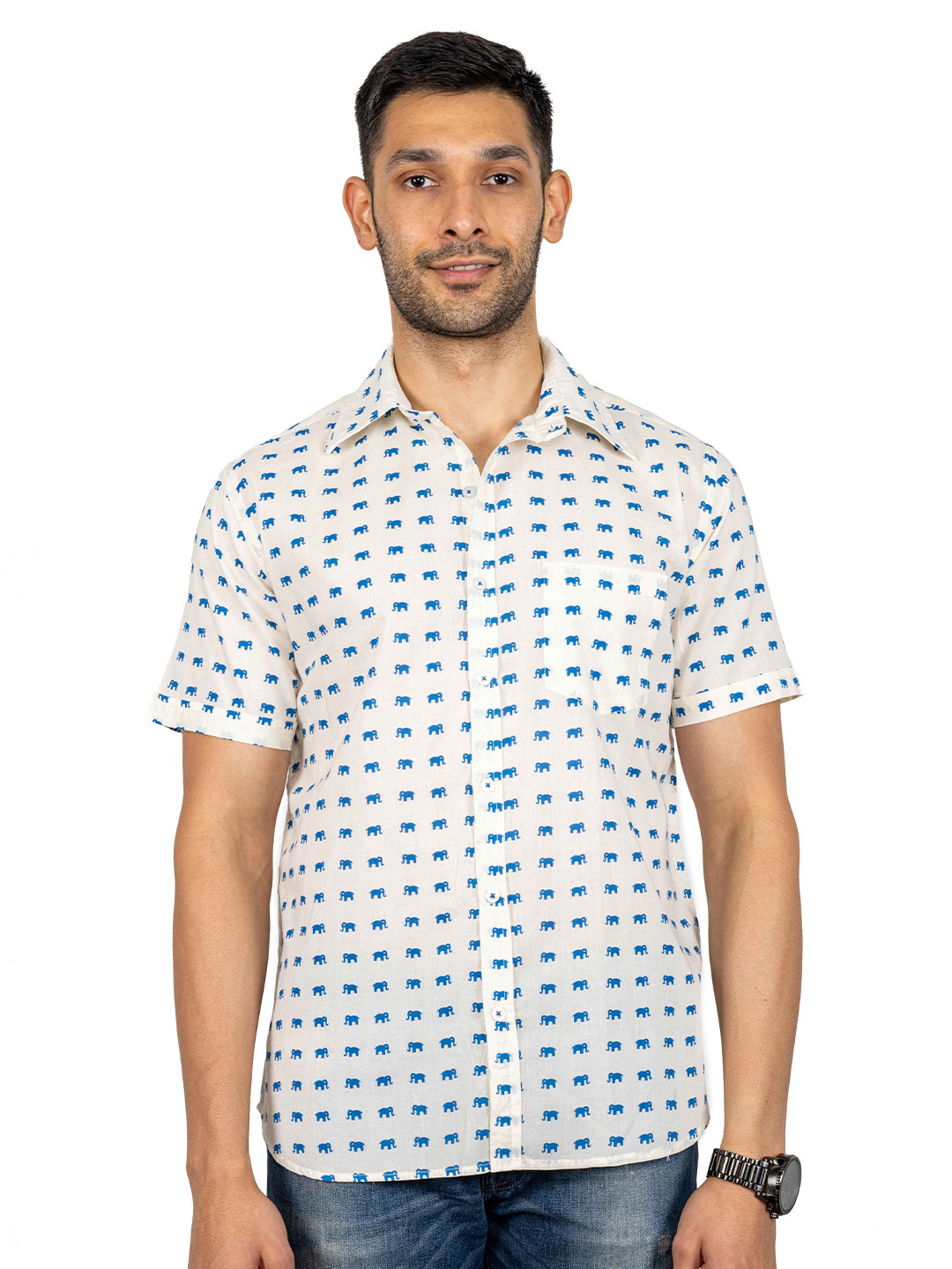 

OnlyMenGrooming Men Modern Spread Collar Conversational Printed Cotton Casual Shirt, Off white