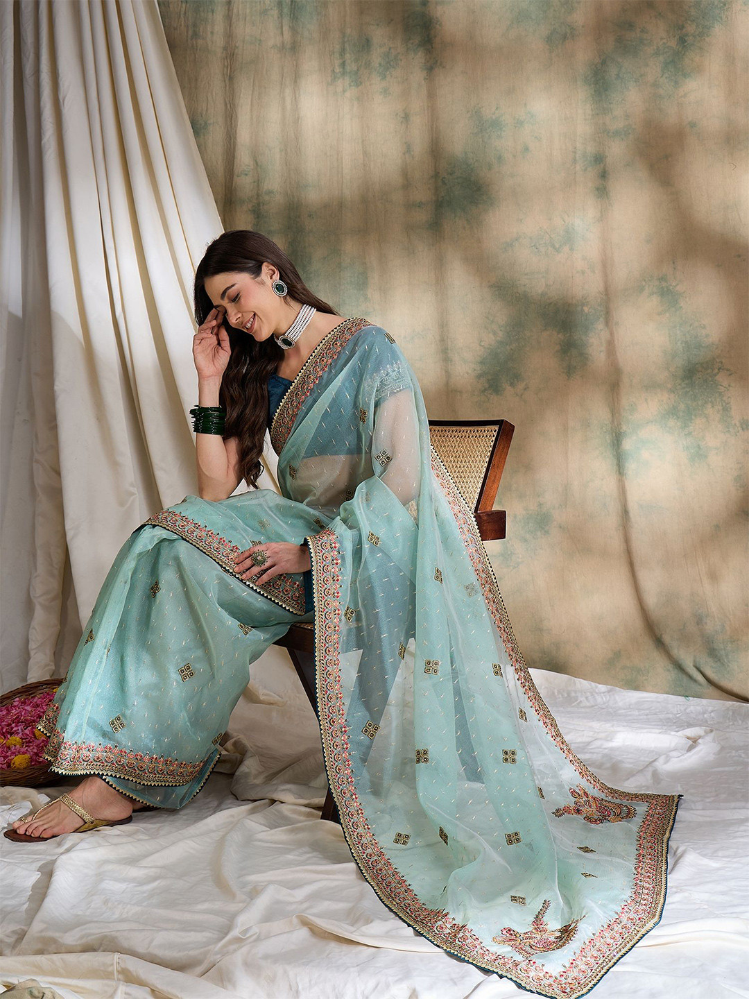 

Sangria Ethnic Motifs Embroidered Designer Saree, Teal