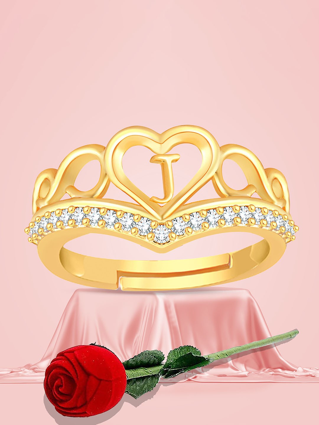 

Lila Gold-Plated American Diamond Stone Studded Alphabet J Adjustable Finger Ring