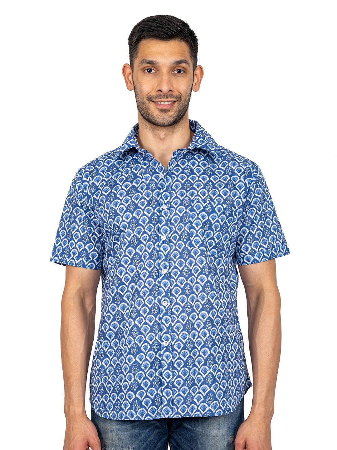 

OnlyMenGrooming Men Modern Spread Collar Floral Printed Cotton Casual Shirt, Blue