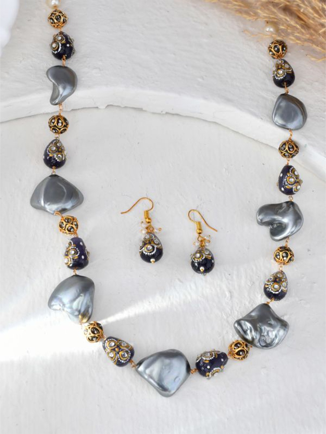 

DASTOOR Stone Studded & Beaded Jewellery Set, Grey