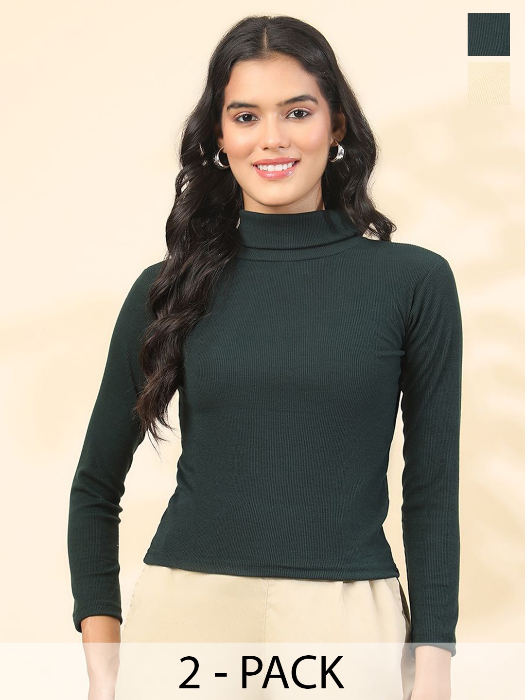 

Tulsattva Women Pack Of 2 Solid High Neck Cotton Tops, Green