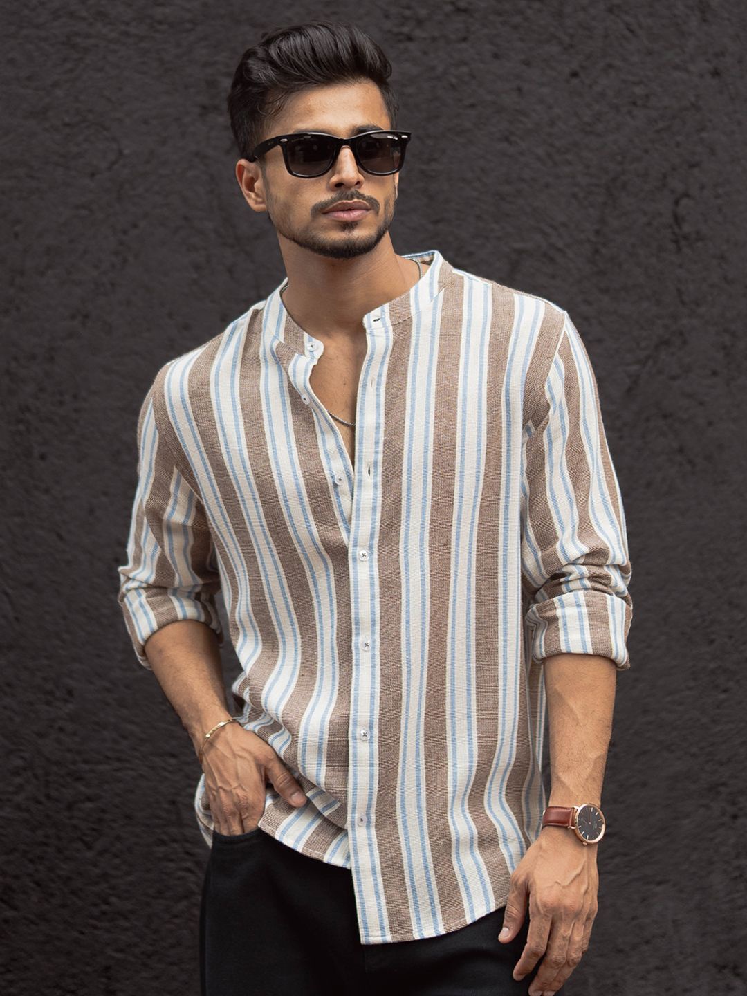 

Powerlook Men Band Collar Vertical Striped Cotton Casual Shirt, Beige