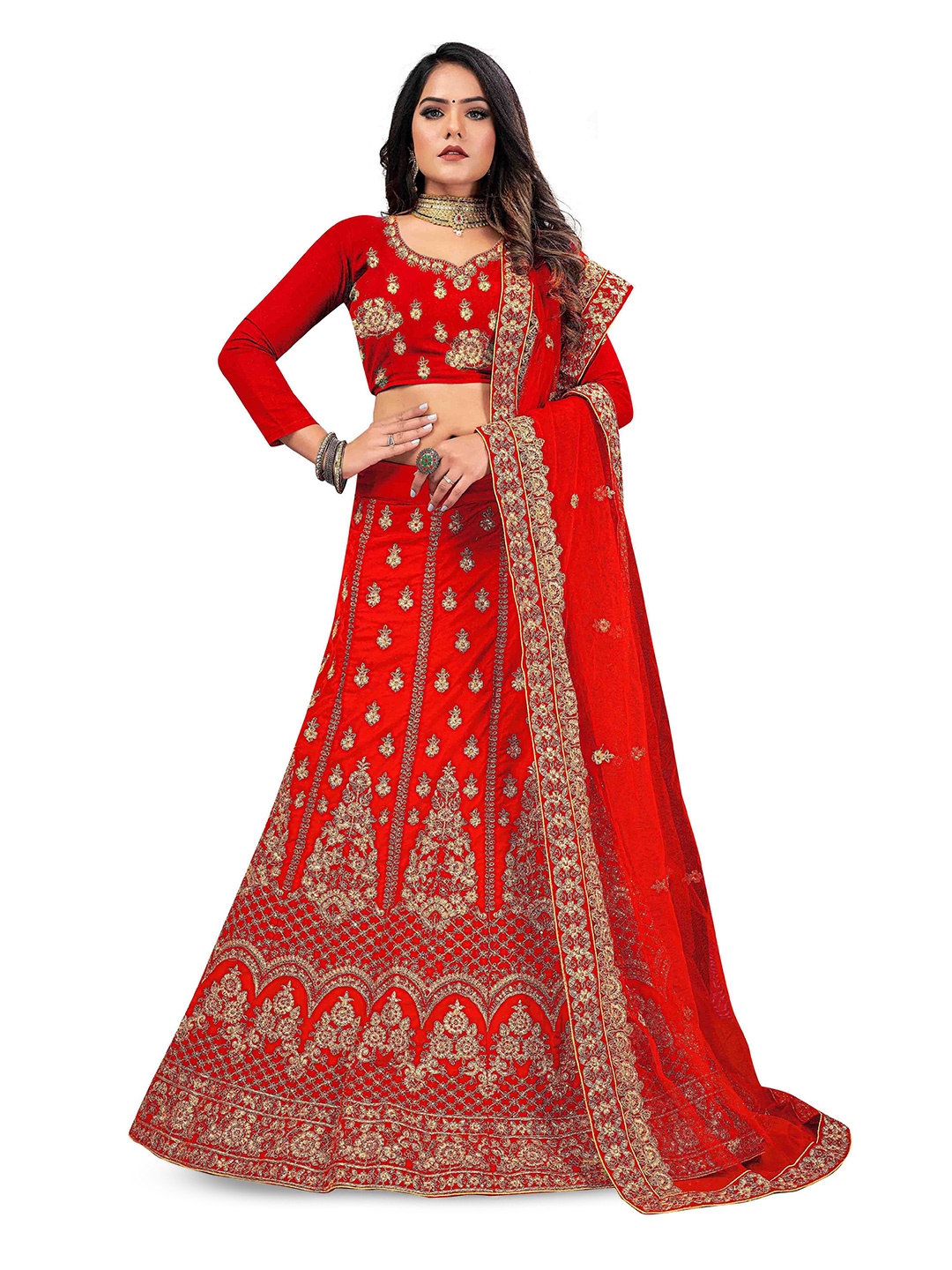 

Maroosh Embellished Thread Work Unstitched Lehenga & Blouse With Dupatta, Red