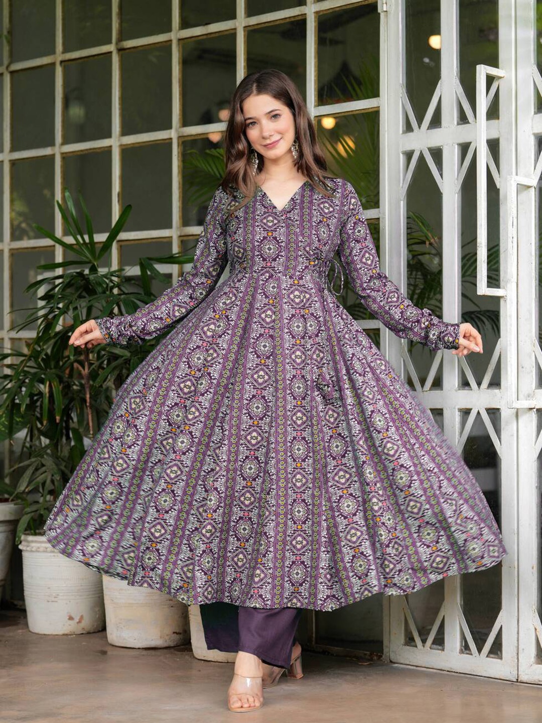 

Sitaram Designer Women Ethnic Printed Anarkali Kurta with Palazzos, Purple