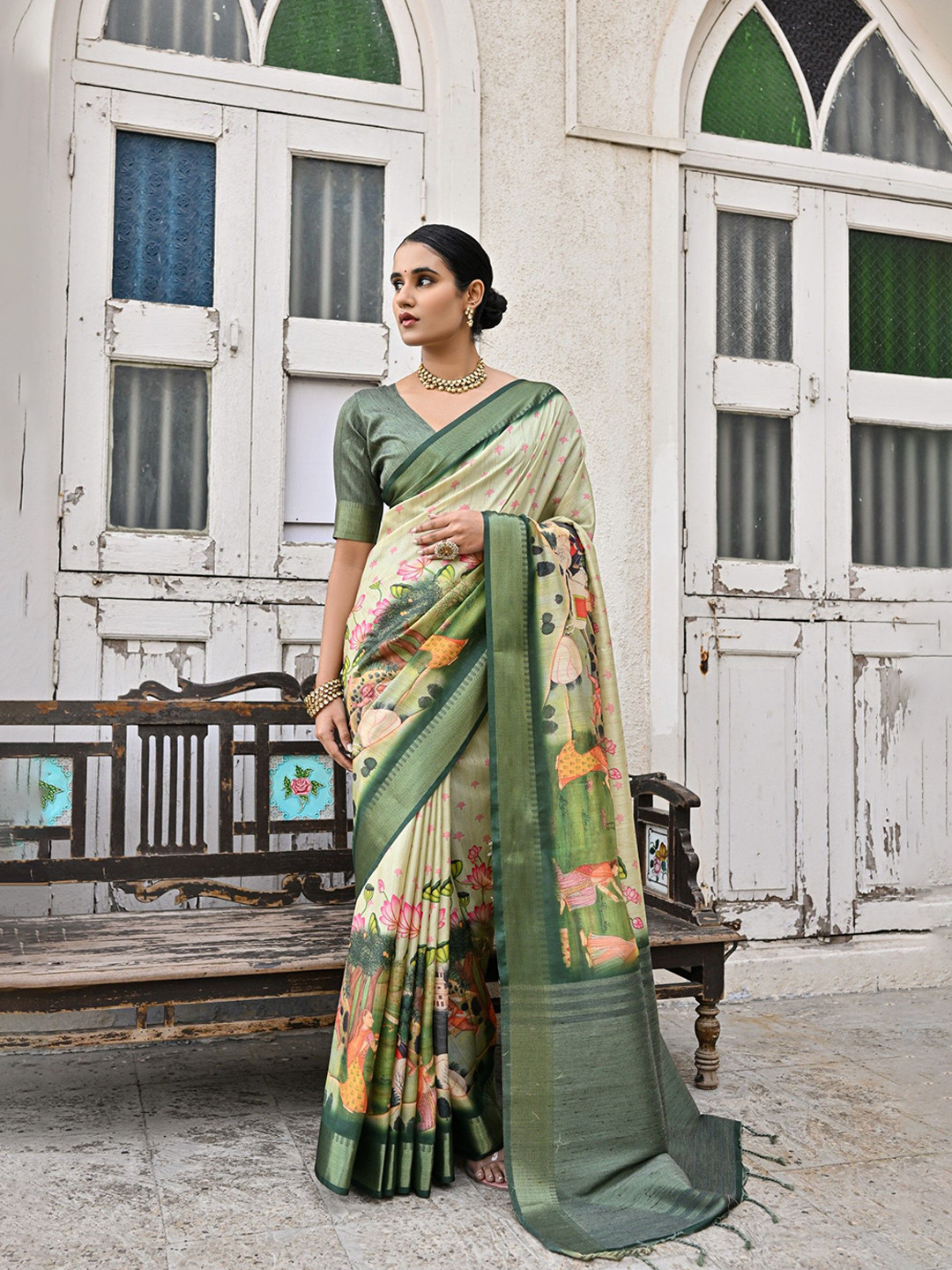 

Kandora Kalamkari Printed Zari Pure Silk Saree, Green