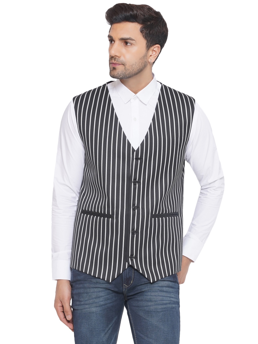 

VEERA PARIDHAAN Striped V Neck Sleeveless Waistcoat, Black