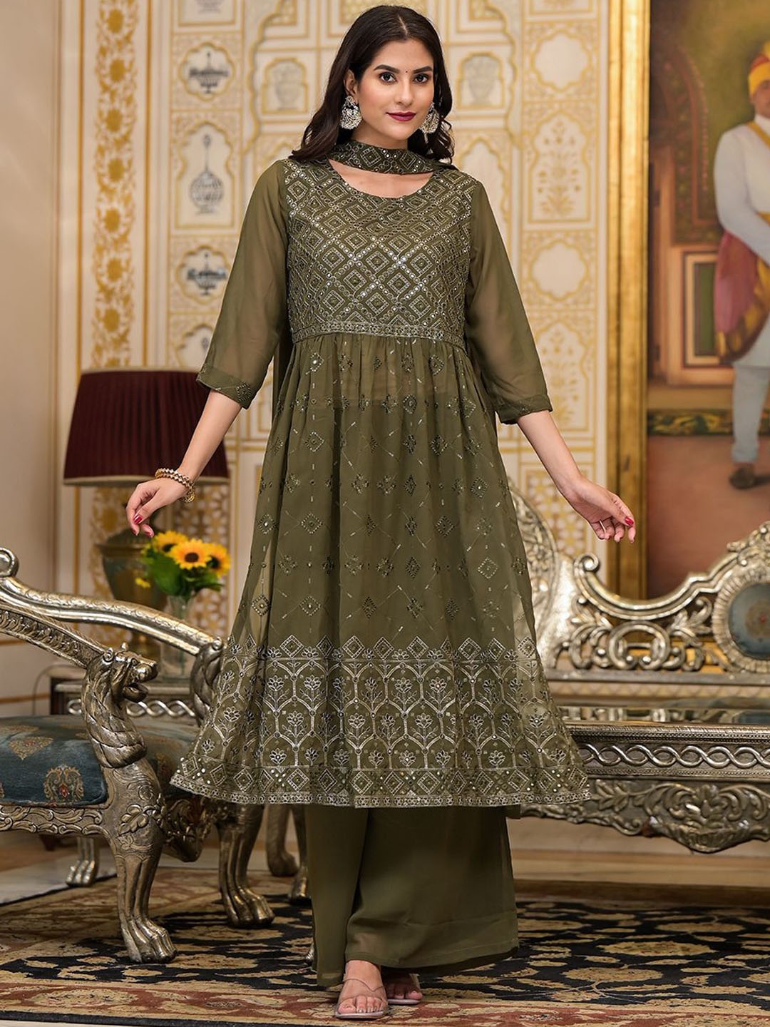 

AKS Couture Women Ethnic Motifs Embroidered Pleated Sequinned Kurta & Palazzos & Dupatta, Green