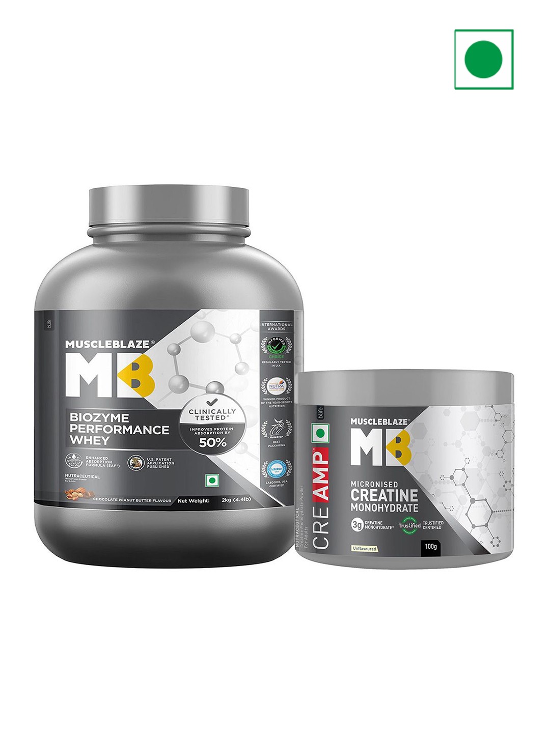 

MuscleBlaze Set Of 2 Biozyme Performance Whey & Creatine Monohydrate - 2kg & 100g, Brown