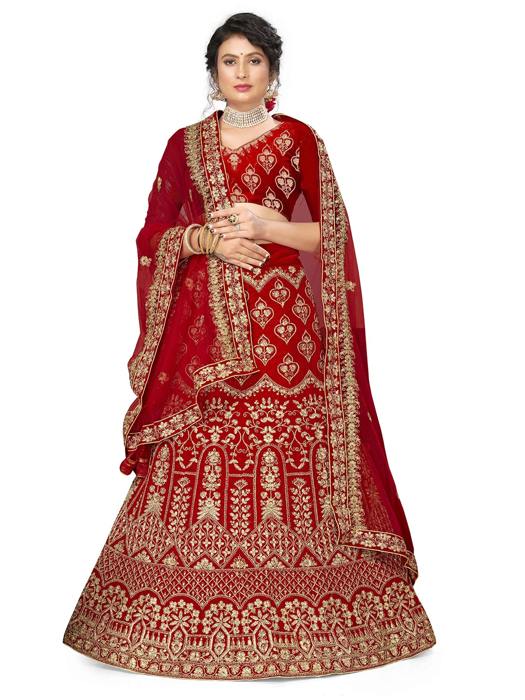 

Maroosh Embellished Thread Work Unstitched Lehenga & Blouse With Dupatta, Red