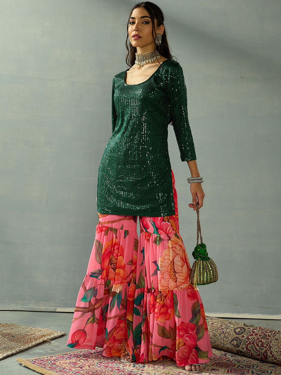 

Shae by SASSAFRAS Women Embroidered Regular Sequinned Kurta with Sharara, Green