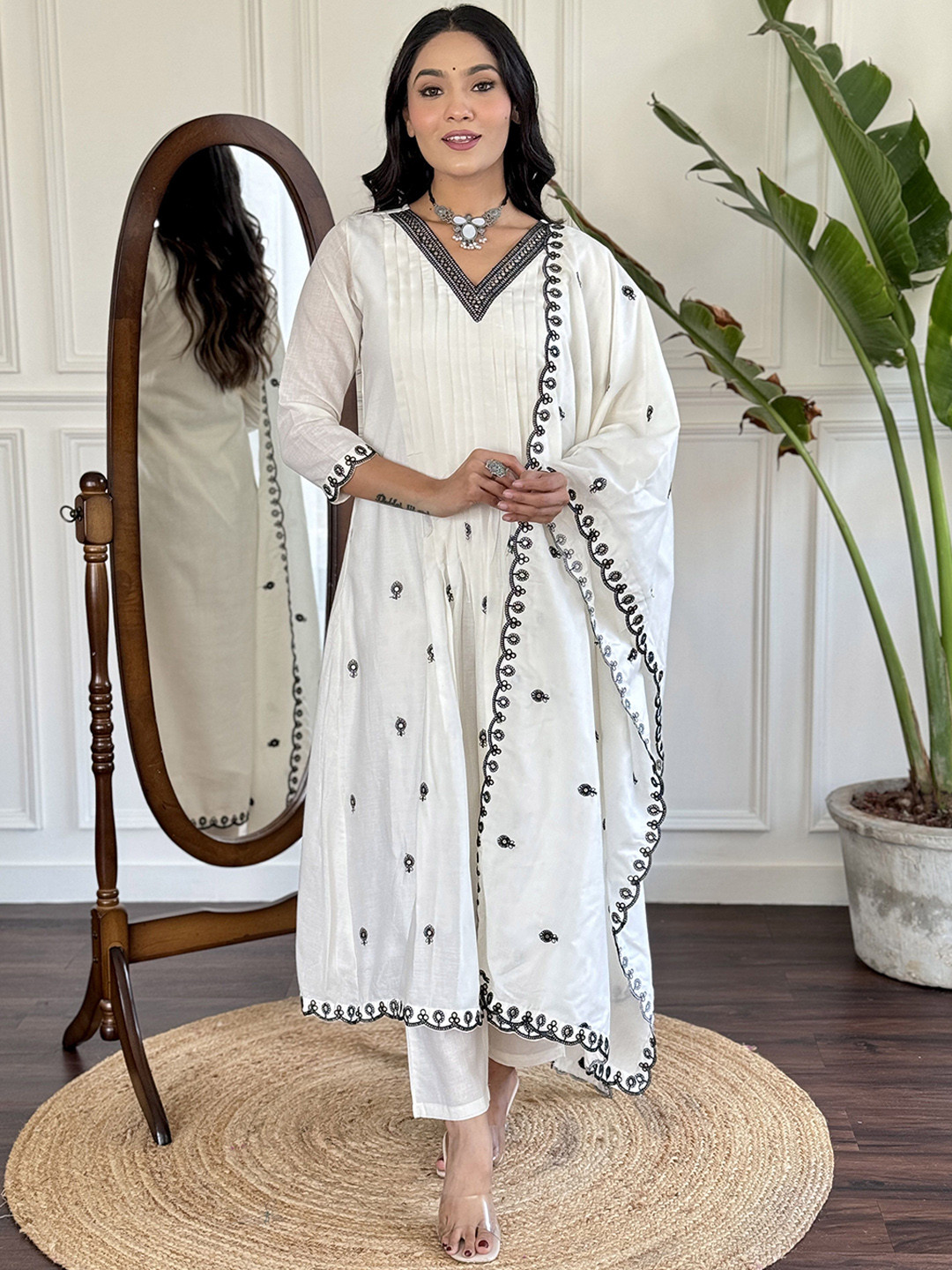 

KALINI Women Floral Embroidered Mirror Work Kurta with Trousers & With Dupatta, Off white