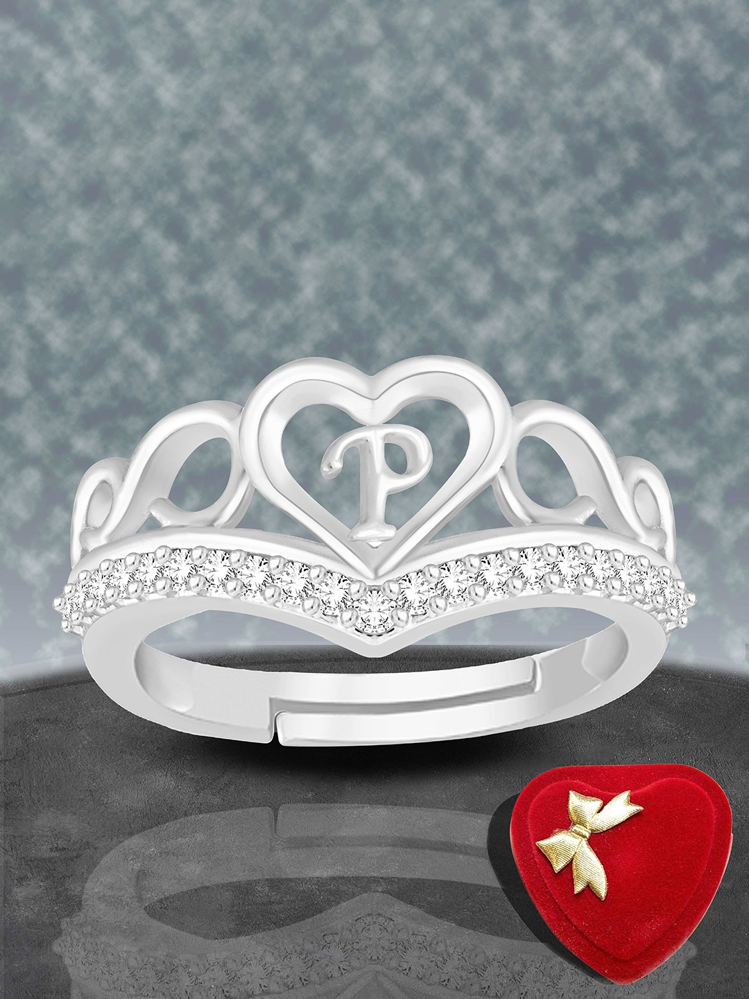 

Lila Silver-Plated American Diamond Stone Studded Alphabet P Adjustable Finger Ring