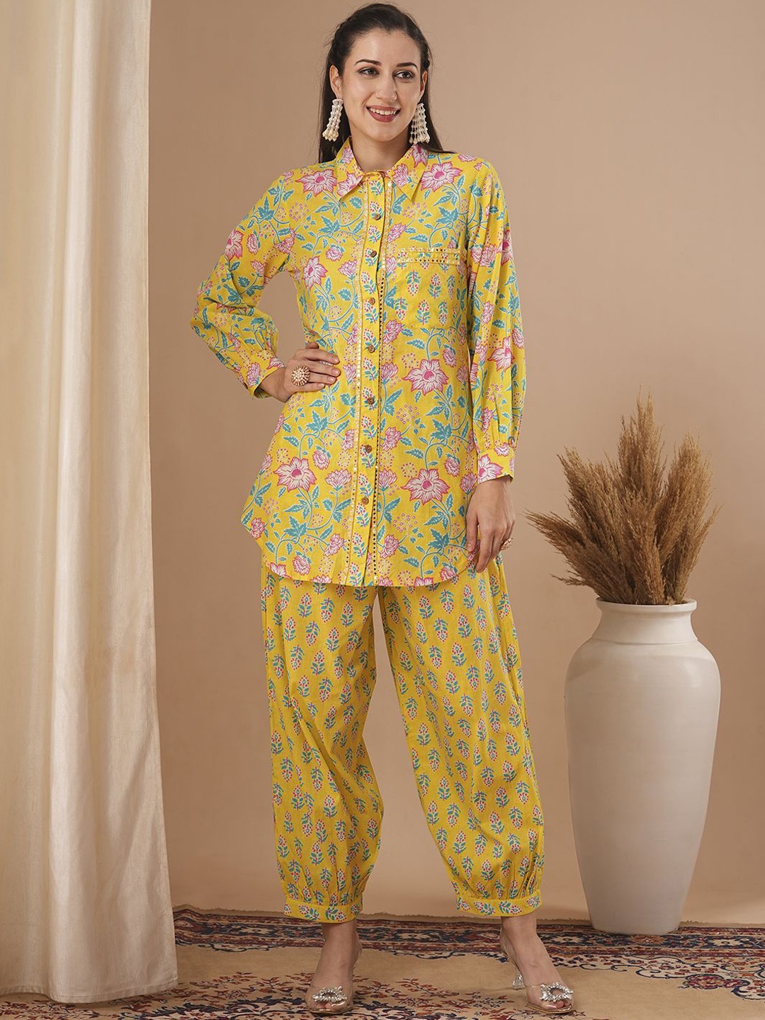 

FASHOR Women Ethnic Motifs Printed Regular Mirror Work Pure Cotton Kurti with Salwar, Yellow